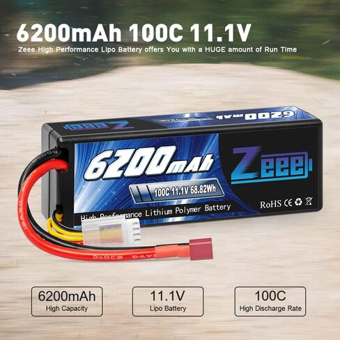 بطارية ليبو Zeee 3S بقدرة 6200 مللي أمبير في الساعة 11.1 فولت 100C حافظة صلبة RC مع موصل Deans T للمركبات بمقياس 1/8 1/10 وقوارب شاحنات خزان السيارات RC (عبوتان) in Kuwait