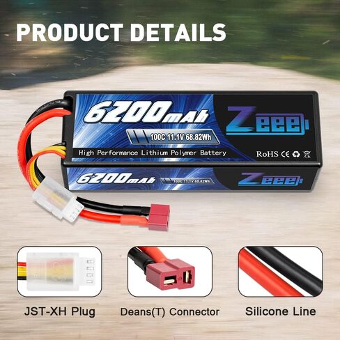 بطارية ليبو Zeee 3S بقدرة 6200 مللي أمبير في الساعة 11.1 فولت 100C حافظة صلبة RC مع موصل Deans T للمركبات بمقياس 1/8 1/10 وقوارب شاحنات خزان السيارات RC (عبوتان) in Kuwait
