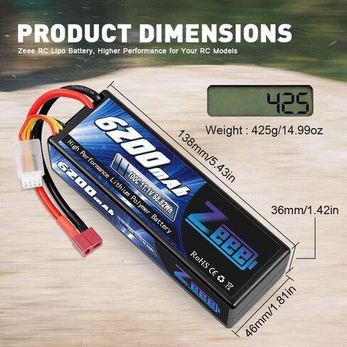 بطارية ليبو Zeee 3S بقدرة 6200 مللي أمبير في الساعة 11.1 فولت 100C حافظة صلبة RC مع موصل Deans T للمركبات بمقياس 1/8 1/10 وقوارب شاحنات خزان السيارات RC (عبوتان) in Kuwait