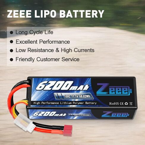 بطارية ليبو Zeee 3S بقدرة 6200 مللي أمبير في الساعة 11.1 فولت 100C حافظة صلبة RC مع موصل Deans T للمركبات بمقياس 1/8 1/10 وقوارب شاحنات خزان السيارات RC (عبوتان) in Kuwait
