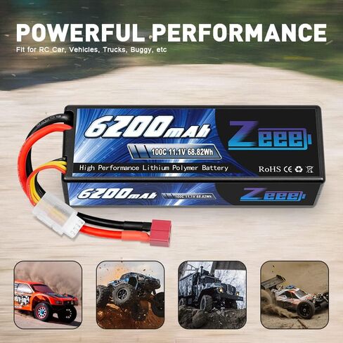 بطارية ليبو Zeee 3S بقدرة 6200 مللي أمبير في الساعة 11.1 فولت 100C حافظة صلبة RC مع موصل Deans T للمركبات بمقياس 1/8 1/10 وقوارب شاحنات خزان السيارات RC (عبوتان) in Kuwait