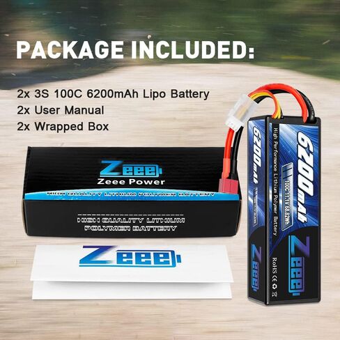 بطارية ليبو Zeee 3S بقدرة 6200 مللي أمبير في الساعة 11.1 فولت 100C حافظة صلبة RC مع موصل Deans T للمركبات بمقياس 1/8 1/10 وقوارب شاحنات خزان السيارات RC (عبوتان) in Kuwait
