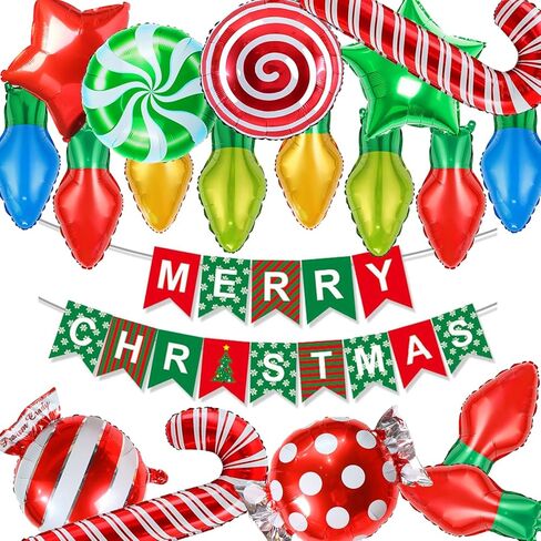 19 قطعة من زينة حفلات عيد الميلاد، لافتة عيد ميلاد سعيد، بالون لمبة إضاءة عيد الميلاد، مجموعة بالونات مايلر على شكل قصب حلوى عيد الميلاد لديكور حفلات عيد الميلاد وأعياد الميلاد، وديكورات حفلات أعياد الميلاد in Kuwait