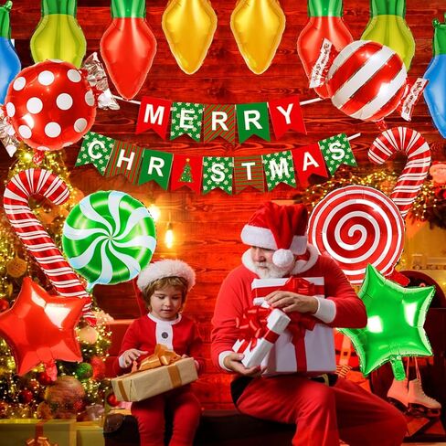 19 قطعة من زينة حفلات عيد الميلاد، لافتة عيد ميلاد سعيد، بالون لمبة إضاءة عيد الميلاد، مجموعة بالونات مايلر على شكل قصب حلوى عيد الميلاد لديكور حفلات عيد الميلاد وأعياد الميلاد، وديكورات حفلات أعياد الميلاد in Kuwait
