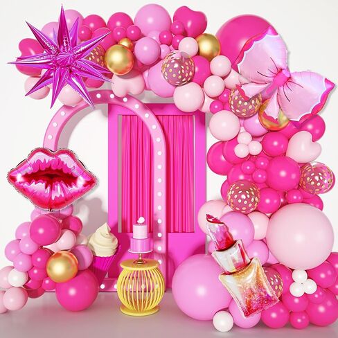 145Pcs Princess Pink Balloon Garland Arch Kit, Hot Pink Confetti 4D Star Lipstick Kiss Bow Balloons for Girls Women Wedding Bridal Baby Shower Makeup Bachelorette Princess Birthday Party Decorations in Kuwait