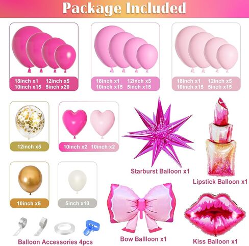 145Pcs Princess Pink Balloon Garland Arch Kit, Hot Pink Confetti 4D Star Lipstick Kiss Bow Balloons for Girls Women Wedding Bridal Baby Shower Makeup Bachelorette Princess Birthday Party Decorations in Kuwait
