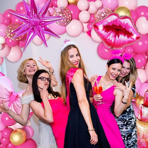 145Pcs Princess Pink Balloon Garland Arch Kit, Hot Pink Confetti 4D Star Lipstick Kiss Bow Balloons for Girls Women Wedding Bridal Baby Shower Makeup Bachelorette Princess Birthday Party Decorations in Kuwait