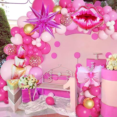 145Pcs Princess Pink Balloon Garland Arch Kit, Hot Pink Confetti 4D Star Lipstick Kiss Bow Balloons for Girls Women Wedding Bridal Baby Shower Makeup Bachelorette Princess Birthday Party Decorations in Kuwait