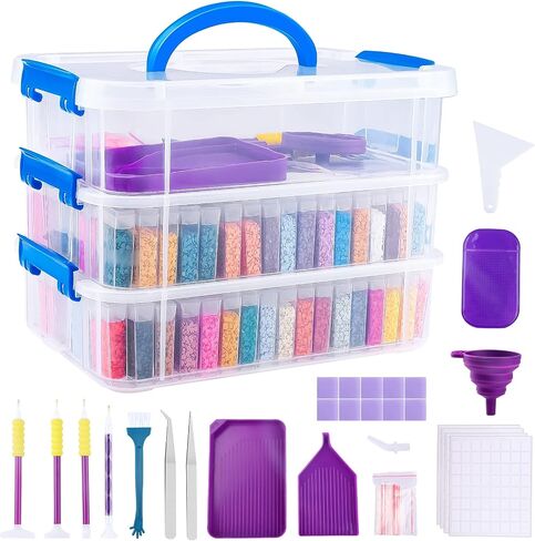 MXJSUA 252 Pcs Diamond Painting Storage Container 3-Tier 184 Grid Diamond Painting Art Accessories Kits Portable Beads Organizer Include Storage Boxes,Storage Case,Pen,Funnel,Glues,Lable and More in Saudi Arabia
