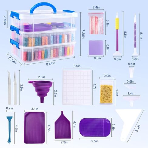 MXJSUA 252 Pcs Diamond Painting Storage Container 3-Tier 184 Grid Diamond Painting Art Accessories Kits Portable Beads Organizer Include Storage Boxes,Storage Case,Pen,Funnel,Glues,Lable and More in Saudi Arabia