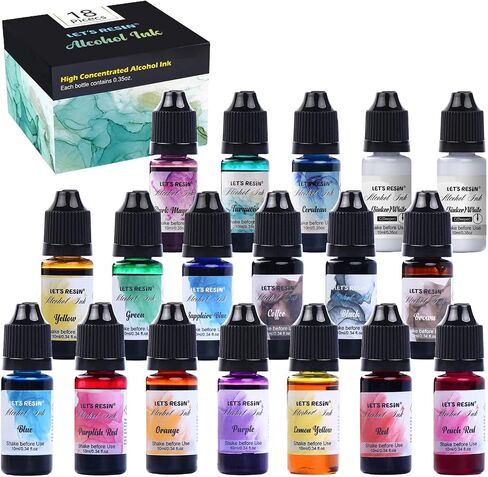 Alcohol Ink Set Epoxy Resin Dye- LET'S RESIN Vibrant Colors Alcohol Ink for Epoxy Resin, Concentrated Alcohol Based Resin Ink for Tumblers,Epoxy Resin Molds,Alcohol Inks Art (Each 0.35oz x 18 Bottle) in Kuwait