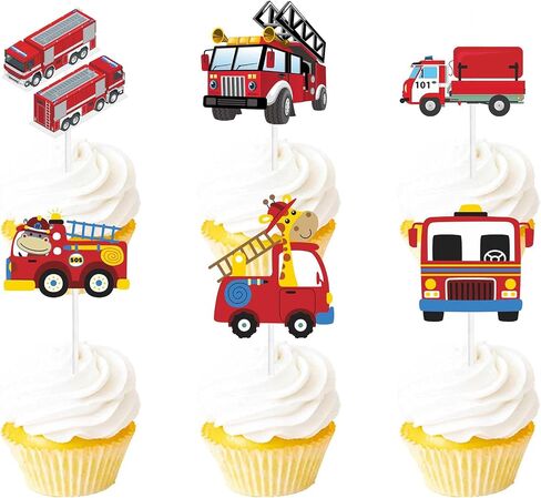 18pcs Red Glitter Firefighter Fireman Cars Dessert Cupcake Topper Fire Truck Theme Decor Supplies Baby Shower Boy Girl Happy Birthday Party Decorations in Saudi Arabia