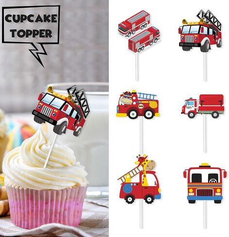 18pcs Red Glitter Firefighter Fireman Cars Dessert Cupcake Topper Fire Truck Theme Decor Supplies Baby Shower Boy Girl Happy Birthday Party Decorations in Saudi Arabia