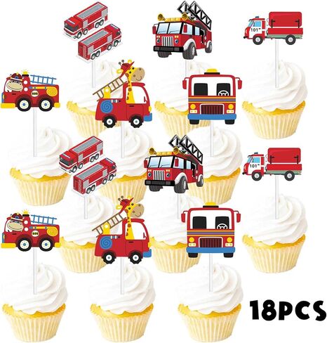 18pcs Red Glitter Firefighter Fireman Cars Dessert Cupcake Topper Fire Truck Theme Decor Supplies Baby Shower Boy Girl Happy Birthday Party Decorations in Saudi Arabia