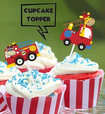 18pcs Red Glitter Firefighter Fireman Cars Dessert Cupcake Topper Fire Truck Theme Decor Supplies Baby Shower Boy Girl Happy Birthday Party Decorations in Saudi Arabia