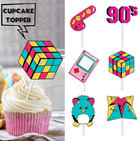 18pcs Purple Glitter Dessert Cupcake Topper Game 90’s Decade Retro Throwback Theme Decor Supplies Baby Shower Boy Girl Happy Birthday Party Decorations in Saudi Arabia