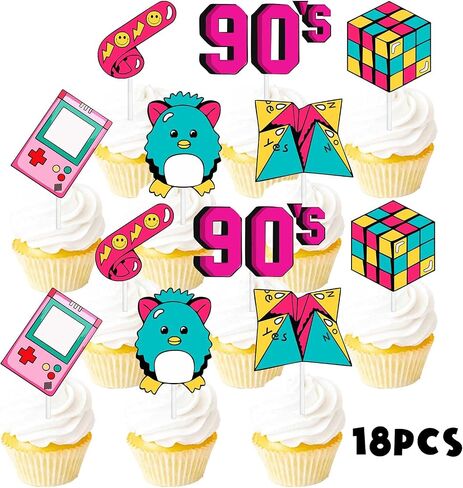 18pcs Purple Glitter Dessert Cupcake Topper Game 90’s Decade Retro Throwback Theme Decor Supplies Baby Shower Boy Girl Happy Birthday Party Decorations in Saudi Arabia