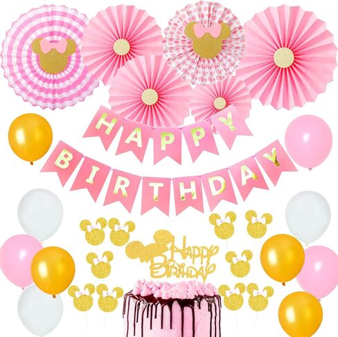 Carton Mouse Birthday Party Decorations Pink and Gold Carton Mouse Paper Fans Glitter Cake Topper Cupcake Toppers for Girls Carton Mouse 1st 2nd 3rd Birthday Supplies in Saudi Arabia