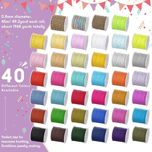 40 Rolls 40 Colors 0.8 mm Nylon Beading String Braided Chinese Knotting Cord Bracelet String Nylon Cord Blinds Nylon Thread for Macrame Friendship Bracelets Jewelry Making DIY Crafts, 1968 Yard Total in Saudi Arabia