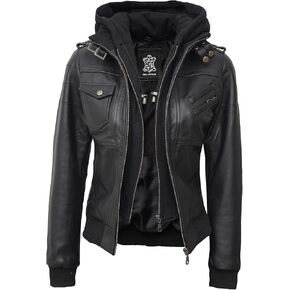 fjackets Womens Leather Jacket - Real Lambksin Bomber Leather Jacket Women With Removable Hood