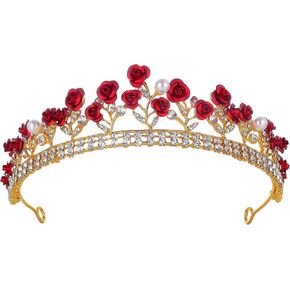 krdadelf الأحمر روز التيجان للنساء الذهب، كريستال اللؤلؤ عيد ميلاد الأميرة تاج للفتيات زهرة الورد الجنية الملحقات عقال للملكة تأثيري حفل زفاف حفلة موسيقية عيد الهالوين in Kuwait