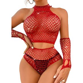 Kaei&Shi Rhinestone Fishnet Lingerie, Sparkly, Hollow, Stretch, Gloves, 3 Pieces in Saudi Arabia