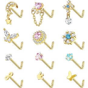 JOERICA 12Pcs 20G Dangle Nose Rings Nose Studs L Shaped Corkscrew Dangle Nose Rings for Women Men Stainless Steel Nose Piercing Jewelry CZ Heart Moon Butterfly Nose Rings Studs Gold, Silver Tone
