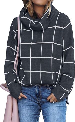 KIRUNDO Women's 2023 Fall Winter Turtleneck Knit Sweater Long Sleeve Pullover Plaid Side Split Checked Outwear Loose Tops in Saudi Arabia