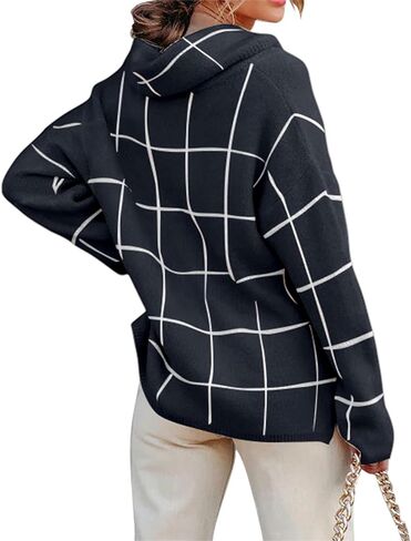 KIRUNDO Women's 2023 Fall Winter Turtleneck Knit Sweater Long Sleeve Pullover Plaid Side Split Checked Outwear Loose Tops in Saudi Arabia