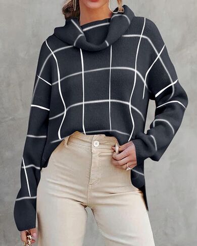 KIRUNDO Women's 2023 Fall Winter Turtleneck Knit Sweater Long Sleeve Pullover Plaid Side Split Checked Outwear Loose Tops in Saudi Arabia