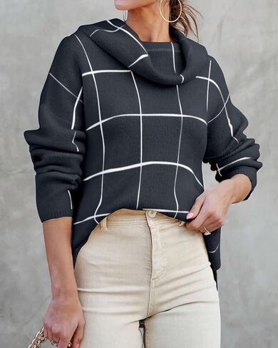 KIRUNDO Women's 2023 Fall Winter Turtleneck Knit Sweater Long Sleeve Pullover Plaid Side Split Checked Outwear Loose Tops in Saudi Arabia