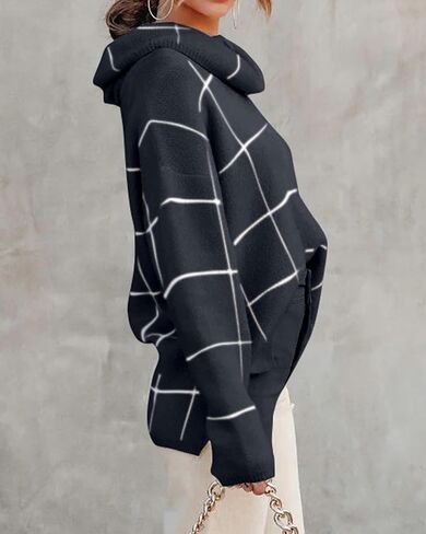 KIRUNDO Women's 2023 Fall Winter Turtleneck Knit Sweater Long Sleeve Pullover Plaid Side Split Checked Outwear Loose Tops in Saudi Arabia
