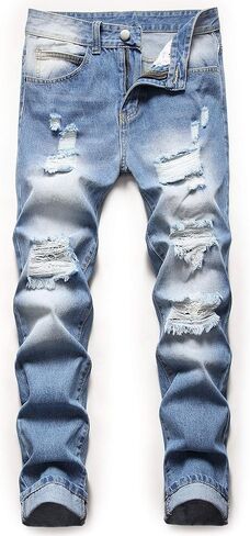 ZEESEN Ripped Jeans for Men Slim Denim Regular Fit Tapered Leg Distressed Destroyed Pants Mens Jeans with Hole in Saudi Arabia