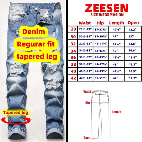 ZEESEN Ripped Jeans for Men Slim Denim Regular Fit Tapered Leg Distressed Destroyed Pants Mens Jeans with Hole in Saudi Arabia