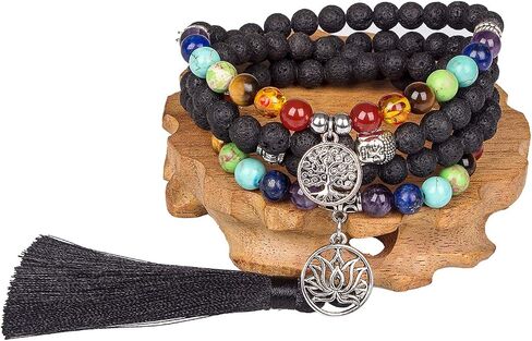 Addmluck 108 Mala Bead Bracelet 7 Chakra Mala Tree of Life Necklace Tibet Meditation Prayer Beads Yoga Stone Beads Turquoise Tiger Eye Necklace for Men and Women in Saudi Arabia