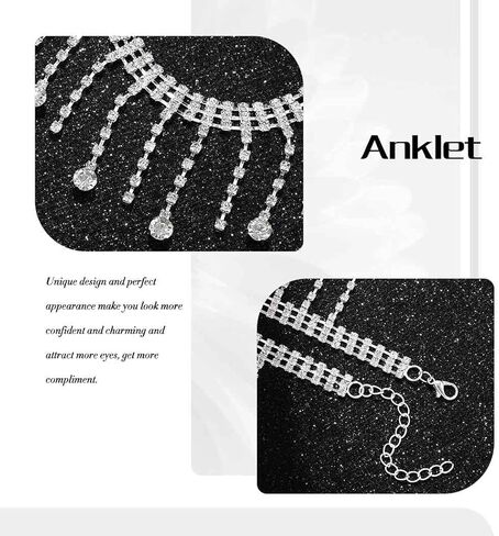 Sakytal حجر الراين الخلخال الفضة شرابة الكاحل سوار كريستال استرخى قطرة تنس خلخال مجوهرات للنساء (2 قطعة) in Kuwait