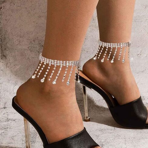 Sakytal حجر الراين الخلخال الفضة شرابة الكاحل سوار كريستال استرخى قطرة تنس خلخال مجوهرات للنساء (2 قطعة) in Kuwait