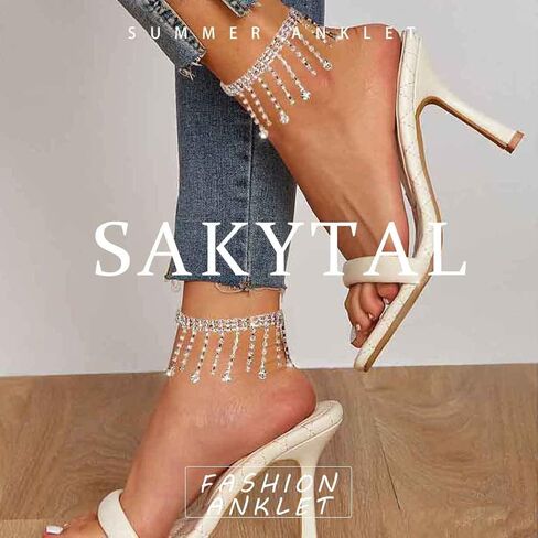 Sakytal حجر الراين الخلخال الفضة شرابة الكاحل سوار كريستال استرخى قطرة تنس خلخال مجوهرات للنساء (2 قطعة) in Kuwait