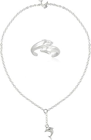 Hoops & Loops 925 Sterling Silver Twin Dolphins Open Toe Ring Anklet Set for Women Teen Girls Men, 9 Inches + 1 Inch Extender | Boho Cute Summer Beach Anklet Foot Jewelry in Saudi Arabia