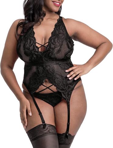 EVELUST Plus Size Lingerie 2 Piece for Women Suspender Garter Teddy Set with Lace Thong Backless Sexy Babydoll in Kuwait