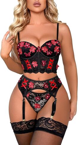 WDIRARA Women's Floral Lace Embroidered Push Up Garter Lingerie Set with Stockings in Saudi Arabia