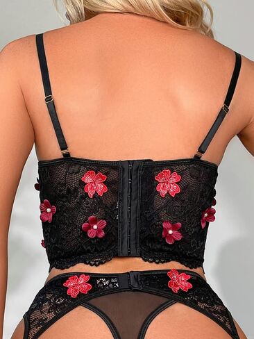 WDIRARA Women's Floral Lace Embroidered Push Up Garter Lingerie Set with Stockings in Saudi Arabia