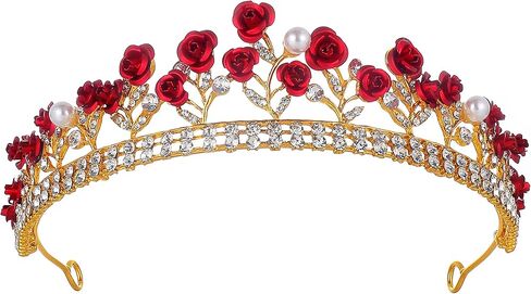 krdadelf الأحمر روز التيجان للنساء الذهب، كريستال اللؤلؤ عيد ميلاد الأميرة تاج للفتيات زهرة الورد الجنية الملحقات عقال للملكة تأثيري حفل زفاف حفلة موسيقية عيد الهالوين in Kuwait