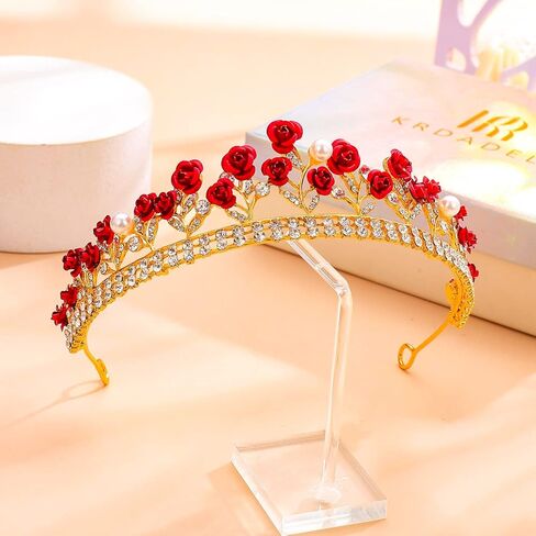 krdadelf الأحمر روز التيجان للنساء الذهب، كريستال اللؤلؤ عيد ميلاد الأميرة تاج للفتيات زهرة الورد الجنية الملحقات عقال للملكة تأثيري حفل زفاف حفلة موسيقية عيد الهالوين in Kuwait