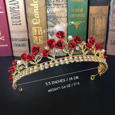 krdadelf الأحمر روز التيجان للنساء الذهب، كريستال اللؤلؤ عيد ميلاد الأميرة تاج للفتيات زهرة الورد الجنية الملحقات عقال للملكة تأثيري حفل زفاف حفلة موسيقية عيد الهالوين in Kuwait