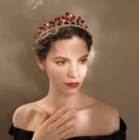 krdadelf الأحمر روز التيجان للنساء الذهب، كريستال اللؤلؤ عيد ميلاد الأميرة تاج للفتيات زهرة الورد الجنية الملحقات عقال للملكة تأثيري حفل زفاف حفلة موسيقية عيد الهالوين in Kuwait