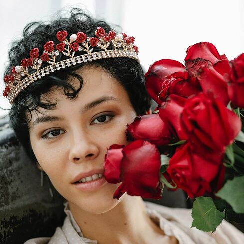 krdadelf الأحمر روز التيجان للنساء الذهب، كريستال اللؤلؤ عيد ميلاد الأميرة تاج للفتيات زهرة الورد الجنية الملحقات عقال للملكة تأثيري حفل زفاف حفلة موسيقية عيد الهالوين in Kuwait