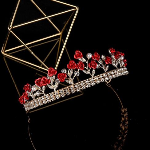 krdadelf الأحمر روز التيجان للنساء الذهب، كريستال اللؤلؤ عيد ميلاد الأميرة تاج للفتيات زهرة الورد الجنية الملحقات عقال للملكة تأثيري حفل زفاف حفلة موسيقية عيد الهالوين in Kuwait