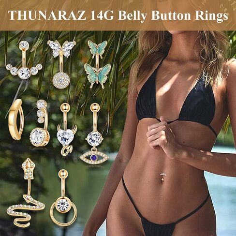 thunaraz 9pcs 14g حلقات زر البطن تتدلى للنساء الفولاذ المقاوم للصدأ ثعبان فراشة الشر العين الشيطان القلب واضح تشيكوسلوفاكيا الفرس البطن زر خواتم السرة ثقب الجسم المجوهرات in Saudi Arabia