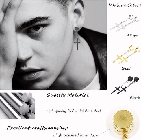 JEWPARK 16 زوجًا من الأقراط للرجال والنساء 316L من الفولاذ المقاوم للصدأ متدلية على شكل طوق على أقراط غير مثقوبة مجموعة أقراط تشيكوسلوفاكيا in Kuwait